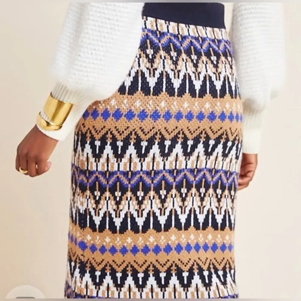 Anthropologie Saoirse Sweater Midi Skirt Size XS Navy Neutral Fair Isle Nordic